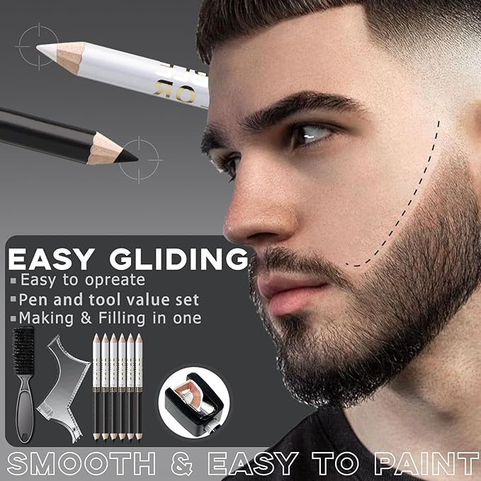Noerrors Barber Pencil for Lineup Magic Hairline Enhancement Beard Guide Shaping Pencils for Design Razor Trace Black White Barber Chalk Pencils Set with Sharpener Ruler Brush for Men