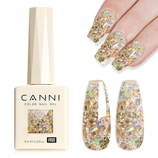 CANNI Glitter Gel Nail Polish – 9ML Broken Gold Prism Flash Gel Polish, Holographic Gold, Soak Off UV LED Nail Art Salon & DIY Manicure at Home