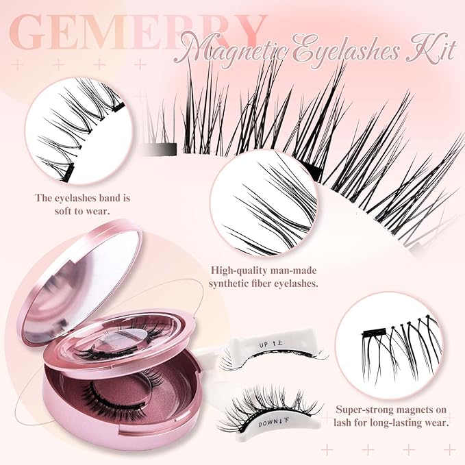 GEMERRY Magnetic Eyelashes with Applicator 2 Pair Magnetic Lashes No Glue Natural Look Lash Clusters Kit False Eyelashes Cat Eye Easy to Wear and Remove No Glue No Eyeliner Needed Soft Strip Lashes