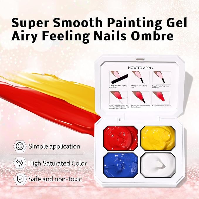 Karroy Sponge Pat Gel Nail Polish Palette, Blue Red Yellow White 4 Colors Primary Blending Ombre Gel Polish Gradient Painting Nails Art, No Wipe, UV/LED Cured (4 Colors A)