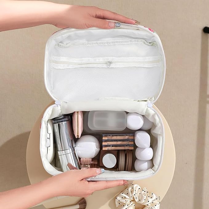 LAKSMI 3PCS Cotton Quilted Floral Makeup Bag Set for Women, Cute Make Up Bags with Brush Pockets, Large Wide-Open Toiletry Pouch Gifts for Toiletries Accessories Travelling Essentials