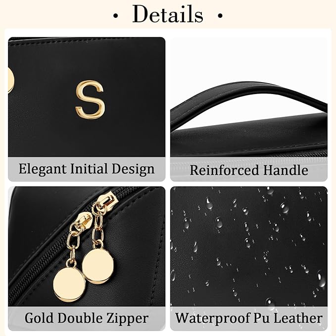 Valentines Day Gifts for Women Teen Girl, Personalized Initial Makeup Organizer Bag Set, Open Flat Travel Cosmetic Bag With Clear Divider and Handle(Black,S)