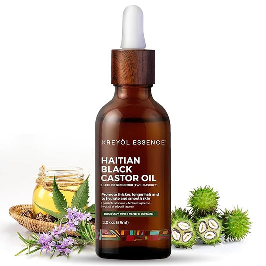 Kreyol Essence - Haitian Black Castor Oil for Skin and Hair, Glass Bottle - Cold Pressed Castor Oil, Fuller-Looking Hair, Hexane Free, Natural Humectant | 2 fl oz | Rosemary Peppermint