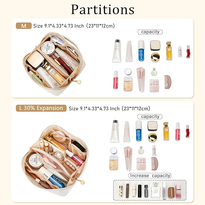 Birthday Gifts for Women Teen Girl, Personalized Initial Makeup Organizer Bag Set, Open Flat Travel Cosmetic Bag With Clear Divider and Handle(Large-Beige,L)