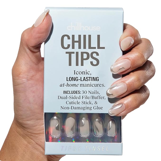 Chillhouse - Chill Tips, Press on Nails Kit - Tipsy Tinsel (Oval) - 30 Nail Shapes & Sizes - Up to 2 Weeks of Wear - Customizable Fit - Reusable - Latina Founded & Women Owned - Beauty & Self Care