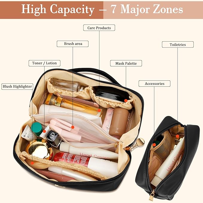 Birthday Gifts for Women Teen Girl, Personalized Initial Makeup Organizer Bag Set, Open Flat Travel Cosmetic Bag With Clear Divider and Handle(Black,K)