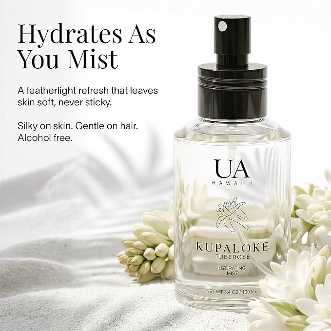 Kupaloke Tuberose Body and Hair Mist from Hawaii, Hair Perfume for a Light, Hydrating Refresh, Body Mist for Women and Men, Alcohol-Free, With Moisturizing Hyaluronic Acid & Glycerin, 3.4 oz