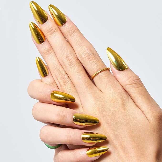 GLAMERMAID Press on Nails Medium Almond, Spring Summer Golden Chrome Gel Glue on Nail, Glossy Short Stiletto Reusable UV Finish Fake Nails Acrylic False Nails Manicure Kits for Women