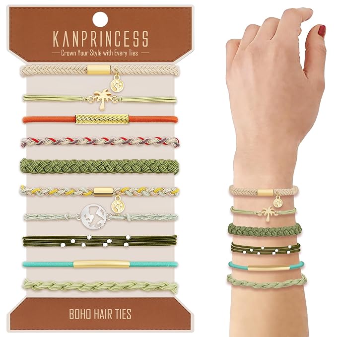 Hair Tie Bracelet, 10 Pcs Boho Hair Ties For Girls and Women, Elastic Hair Ties, Hair Bands For Ponytails, Ponytail Holder For Daily Life, Sport, Cooking, Working (Set 14)