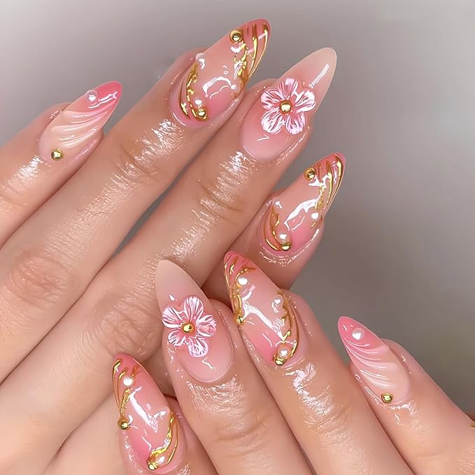 24Pcs French Tip Press on Nails Hand Painted Almond Fake Nails Nude Pink False with 3D Pearl Charms Designs Acrylic Artificial Nails Full Cover Summer Flower Nail Art Stick on Nails for Women