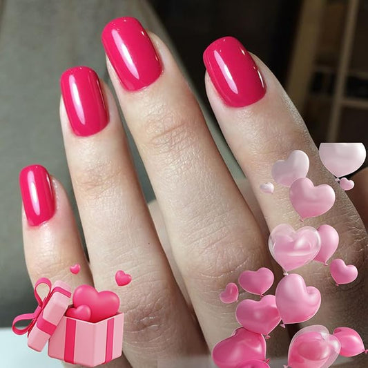 Modelones Press on Nails Short, Square Valentines Fake Nails, Reusable Nail Kit with Nail Glue Adhesive Tabs Mini Nail File, Nails Press Ons 32Pcs 16Sizes, Women Girl Gift, Chrome Pink