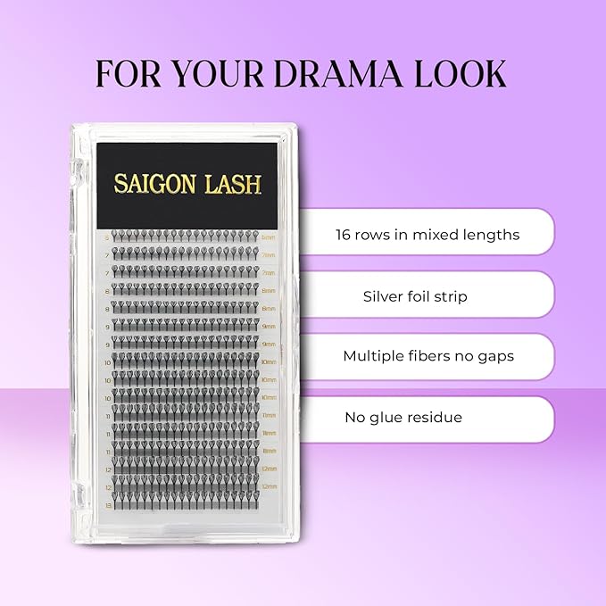 SAIGON LASH Feather Effect Promade Fans – 9D Wispy Volume Lashes, CC Curl 0.07, Mixed Length 6–13mm, Loose Handmade Extensions for Lash Artists (Black-CC-0.07-6 - 13mm)