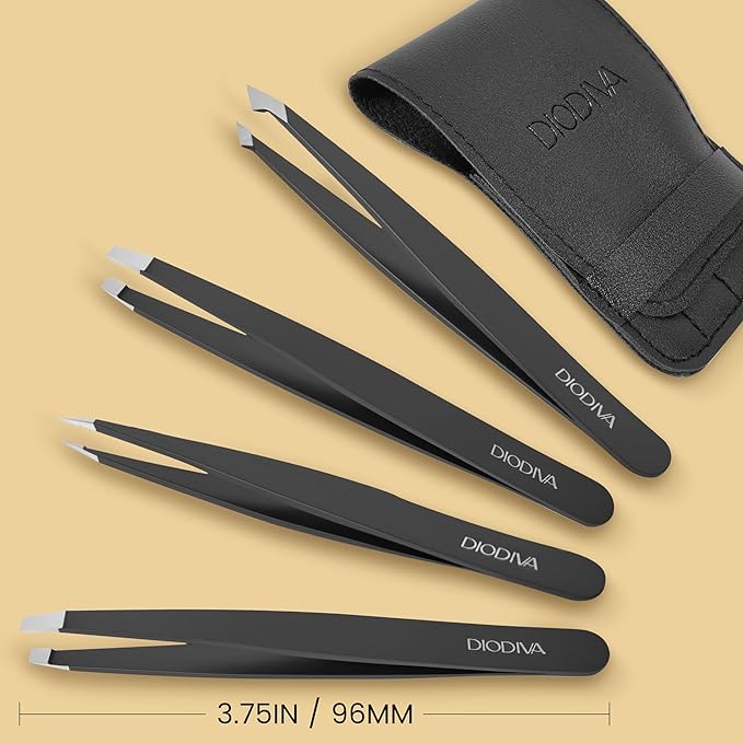 4-Pack Tweezers for Eyebrows Facial Hair, Ingrown Hair Removal, Tweezer Set with Case for Women and Men, Professional Stainless Steel Precision pinza de cejas Stocking Stuffers Christmas Gifts -Black