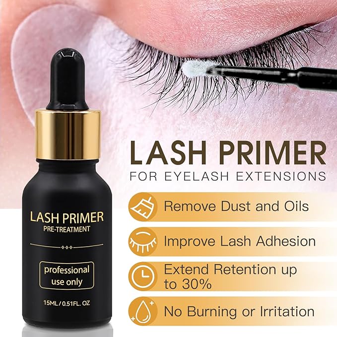 Miuffue Lash Bonder and Primer Kit for Eyelash Extensions, Glue Accelerator Lash Sealant, Eyelash Extension Primer Protein Oil Remover, Adhesive Makeup Tools for Professional Use (15ml+15ml)