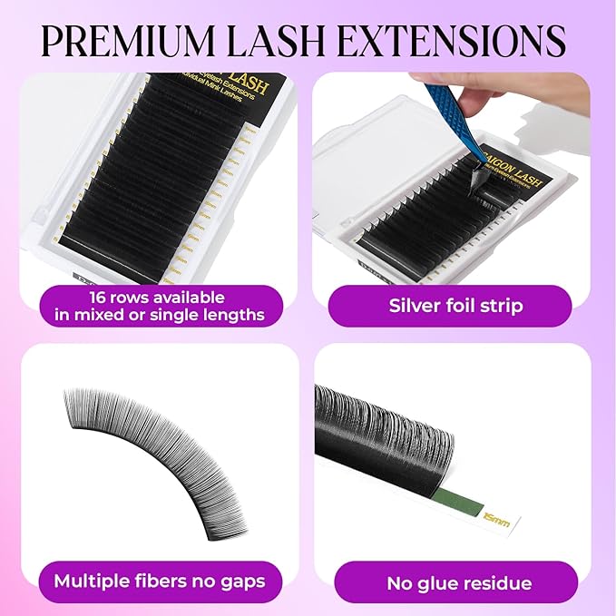 SAIGON LASH Eyelash Extensions, Mink Lash, Volume & Classic Lashes for Professionals, J/B/C/CC/D/L/M Curl, 4-15mm Length, Soft Korean PBT Fiber, 16 Rows Lash Tray (Black-J-0.15-4-7mm)