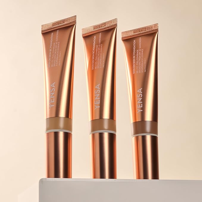 YENSA Skin on Skin BC Foundation Makeup - CC, BB Cream & Full Coverage Foundation-In-One - Buildable, Radiant Finish with SPF 40, Hyaluronic Acid, Peptides & 8 SuperBlacks - Light Medium (1 oz)