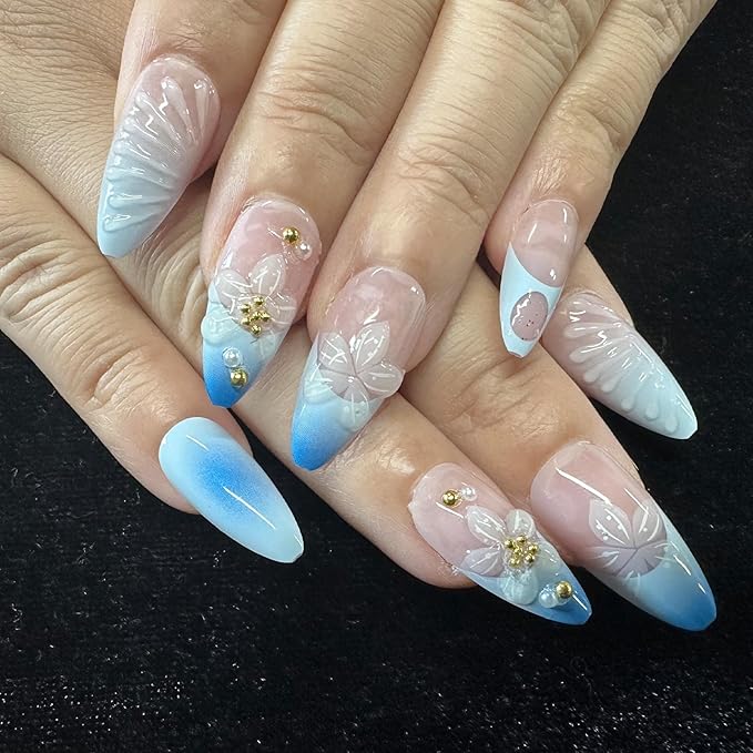 JONKASIPA Almond Press on Nails 3D Flower Stick on Nails French False Nails Acrylic Nails Glossy Artificial Nails Full Cover Glue on Nails for Women 24Pcs