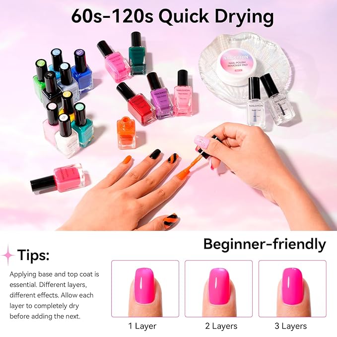 Nailshion Nail Polish 16 Colors Rainbow Air Dry Regular Nail Polish Set with Base Top Coat & Remover Pads| White Red Classic French Fingernail Polishes Non-gel Bulk Gift for Nail Art Lovers