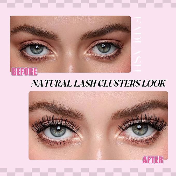 FADLASH Lash Clusters Kit DIY Lash Extension Kit D Curl 0.07 Natural Eyelash Extension Clusters Wispy Lash Clusters with Lash Bond and Seal Lash Tweezer for Self Application(F34-0.07D, 8-16mm Kit)