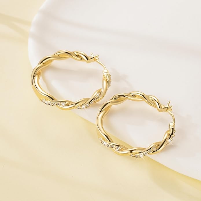 ENROSE Gold Plated Hoop Earrings 14K Gold Plated Earring for Women Twisted Large Hoop Earrings Minimalist Diamond Earring Jewelry 29mm*4mm