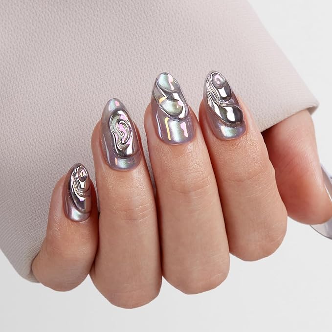 VSALON Press on Nails Short Almond - Chrome Silver Cat Eye 3D Swirl Design Fake Nails Kit for Women, Reusable Salon Quality Glue on Nails - 32 PCS Stick on Nails in 16 Sizes with Glue & Cuticle Oil