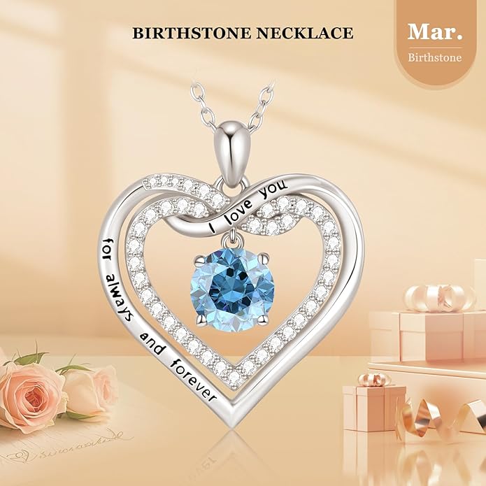 G&GEMSJEW Infinity Heart Birthstone Necklaces for Women, 925 Sterling Silver Jewelry, Pendant Heart Necklaces Birthday Anniversary Christmas Gift for Women Wife Mom Girlfriend Lady