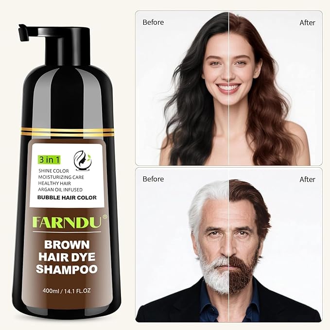 Farndu Brown Hair Dye Shampoo, 3 in 1 Instant Hair Color with 15 Min Gray Coverage, Natural Semi-Permanent Herbal Shampoo for Men & Women