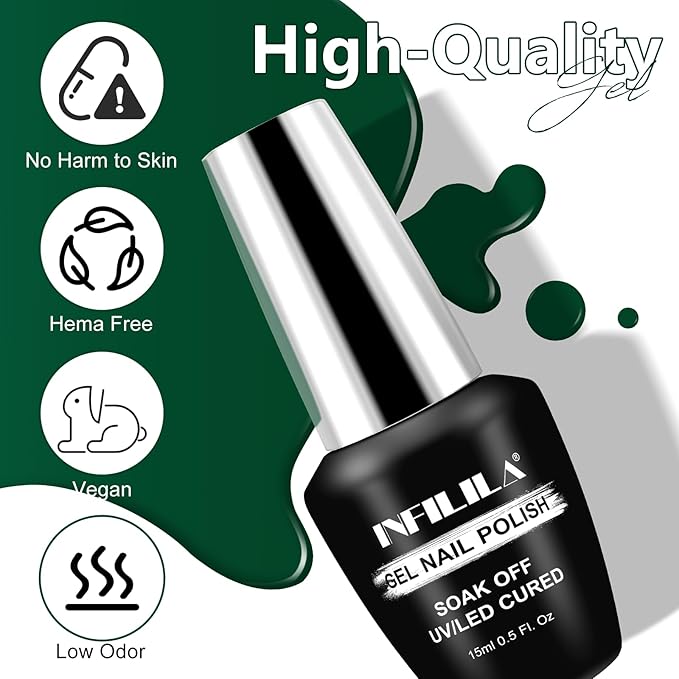 NXJ INFILILA Green Gel Nail Polish, 15ml 0.51oz One-Stroke Coloring Forest Green Gel Polish, Hema Free Dark Color High Gloss Soak Off UV French Manicure Salon DIY SQ068