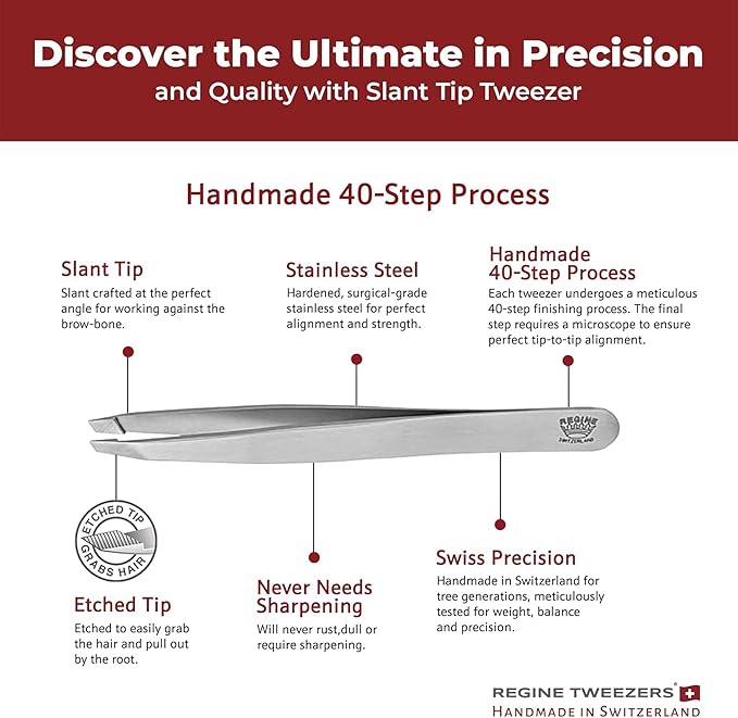 Regine Switzerland Professional Tweezers Slant Tip - Etched Tip Brow and Eyebrow Tool for Men and Women - Precision Tweezers for Fine Hair, Chin, Lash Extensions - Stainless Steel Handmade Beauty Tool