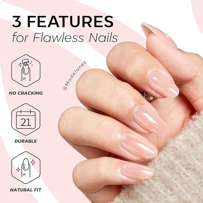 Modelones 32Pcs Nude Pink Press on Nails Almond, Valentine's Day Pearl Chrome Short Almond Fake Nails, Reusable Nail Kit with Nail Glue Adhesive Tabs Mini Nail File, Nails Press Ons 16 Sizes