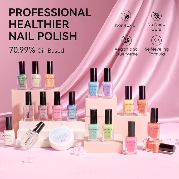 Nailshion Quick Air Dry Nail Polish, 16 Colors Holographic Nude Peach Pink Blue Green Regular Nail Polish with Clear Base Top Coat & Remover Pads, Hema-free, Non Gel, Gift for Women Girls