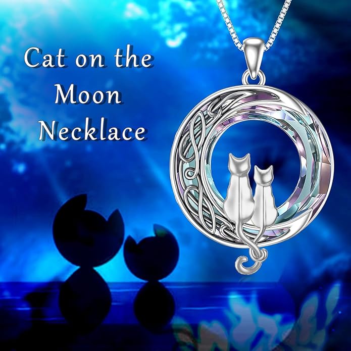 TOUPOP Cat Gifts for Cat Lovers One Two Three Four Cats Necklace Sterling Silver Cats on the Moon Pendant Necklace with Blue Circle Crystal Birthday Christmas Celtic Jewelry Gifts for Women
