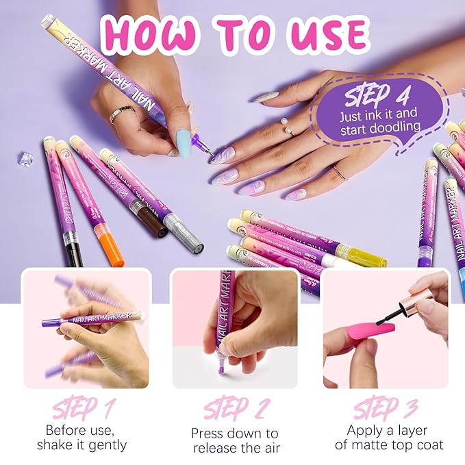 MKNZOME 12 Color Nail Art Pens for Painting Nails, 0.5 MM Nail Polish Pens Drawing Point Liner Painted Pen Kit, Waterproof Quick-drying for DIY Nails Art Design Manicure Tools
