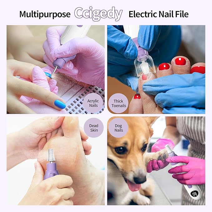 Ccigedy Professional Manicure Pedicure Electric Nail File for Thick Nails Hand Feet Care,Cordless Toenail Grinder 15 Speed,Nail Drill with LCD Screen,Ideal Valentine's Day Gift for Women/Men-Purple