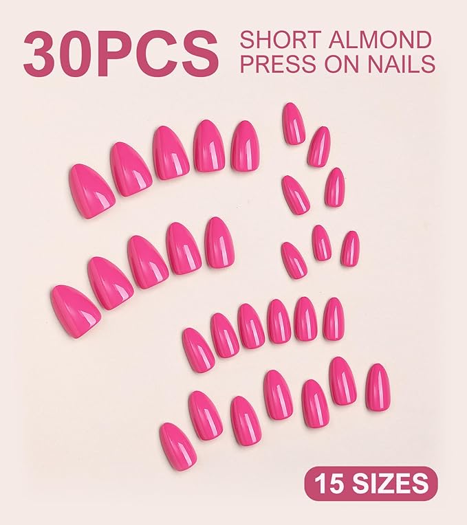 Morily 30Pcs Hot Pink Press on Nails Almond, Short Fake Nails Glossy Acrylic False Nails Reusable Full Cover Stick on Nails for Women, 15 Sizes, Thicker Fingertips