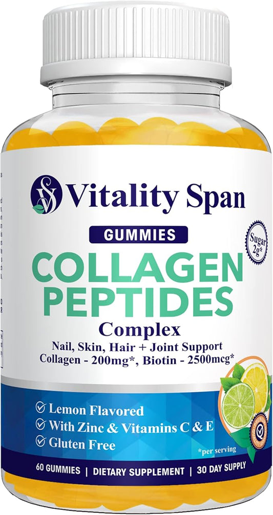 Vitality Span Collagen Gummies with Biotin 2500mcg + Vitamin C, E & Zinc – Hair Skin Nails Support – Low Sugar Delicious Lemon Flavor – No Stick – 60 Gummies – Made in USA