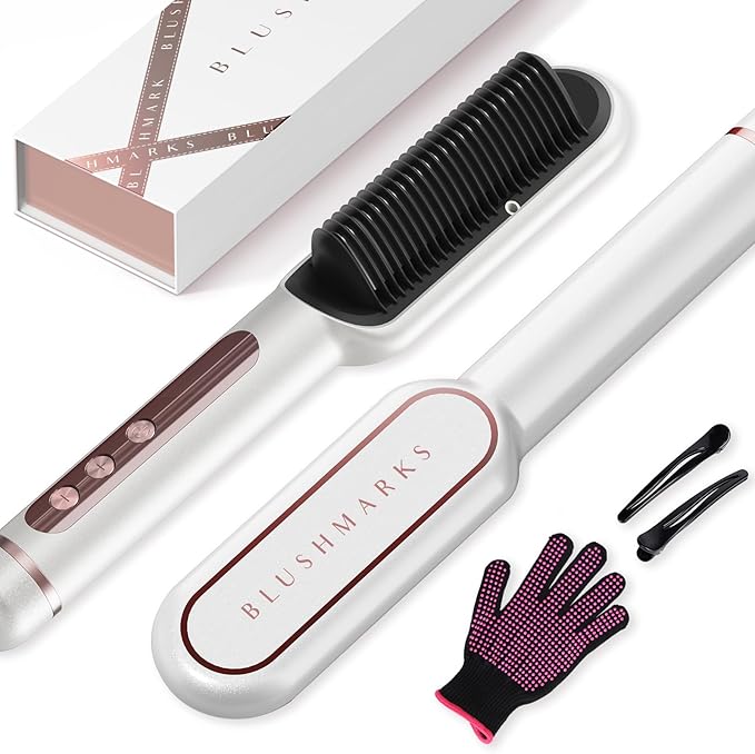 BLUSHMARKS Hair Straightener Brush with Nano Titanium - 30s Fast Heat Ionic Straightening Comb, 9 Temp LED Display & Anti-Scald, Professional Styling Gift for Women