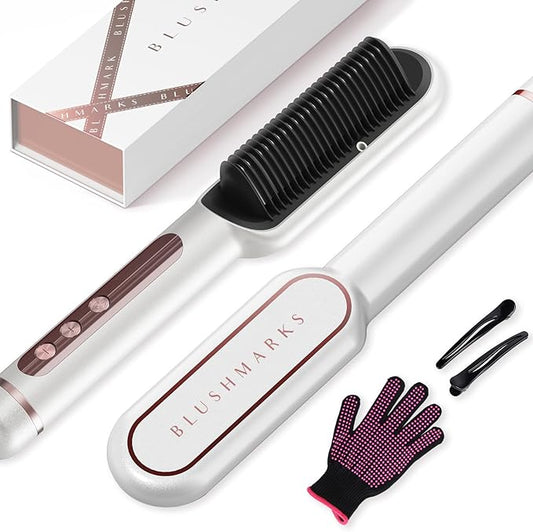 BLUSHMARKS Hair Straightener Brush with Nano Titanium - 30s Fast Heat Ionic Straightening Comb, 9 Temp LED Display & Anti-Scald, Professional Styling Gift for Women