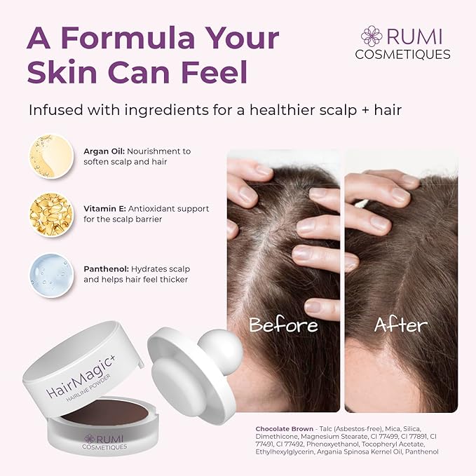 Rumi Cosmetiques HairMagic+ Root Touch Up Powder for Mature Women – Instant Gray Hair Coverage & Hairline Filler – Water-Resistant, Natural Finish, with Argan Oil & Vitamin E (Chocolate Brown)