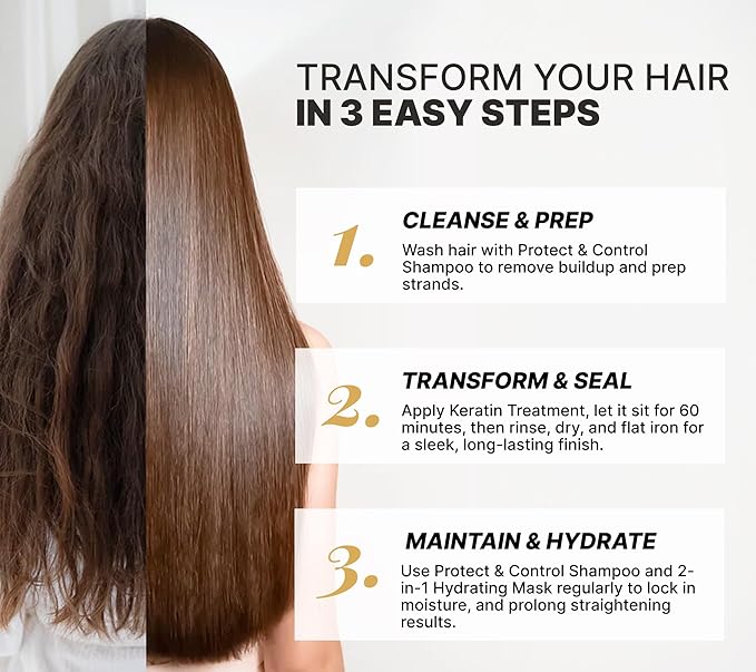 FASHION GOLD Keratin Hair Treatment Kit, KERATIN + SHAMPOO + HAIR MASK, Keratina para alisar el pelo SIN FORMOL, Hair Relaxer, Tratamiento para Cabello Seco y Maltratado, B0T0X CAPILAR