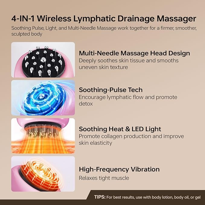 FUFADADE Lymphatic Drainage Massager,4-in-1 Electric Body Sculpting Brush,Helps Reduce Stretch Marks&Cellulite for Relaxation,Multi-Speed Anti Cellulite Massage Tool for Belly Legs Arms(Pink)