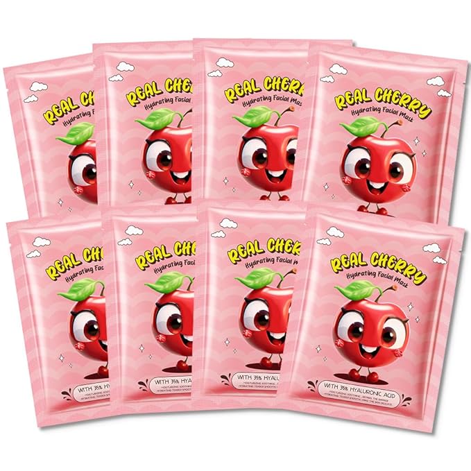 CAKAILA 8 Pack Cherry Face Mask,Pink Face Masks Skincare Spa Day Kit Supplies,Spa Party Favors for Women,Sheet Facial Mask Skincare Gifts Set,Moisturize Soothe for All Skin Types
