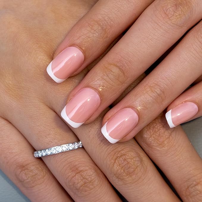 Curvlife Soft Gel Short Press on Nails - French Square Press on Nails Design Full Cover False Nails for Women Reusable Nail Kit