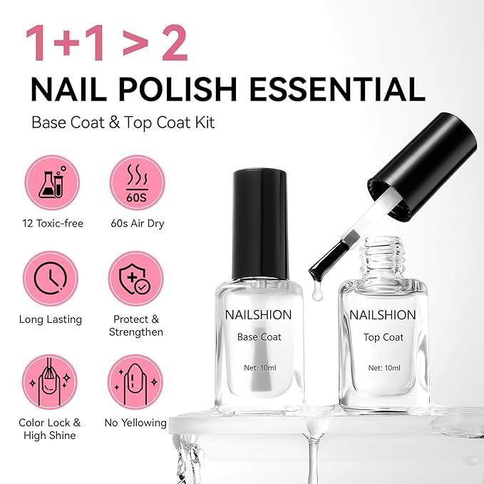 Nailshion Base Coat and Top Coat, Clear Regular Nail Polish, Rich in VE Calcium Quick Air Dry Nail Strengthening Non Gel, 2Pcs Vegan Base Chip Resistant High Shine Long-lasting Nail Art Gift Set