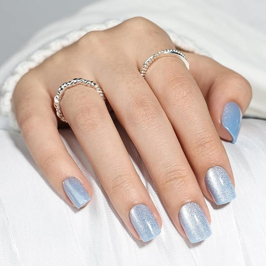 Leefrei Press On Nails, Short Square Blue Press on Nails Arctic Glazed Nails Press Ons for Women DIY Fake Nails Kit with Glue, Glossy Reusable Glue on Nails Short in 15 Sizes - 30pcs, Arctic Glaze