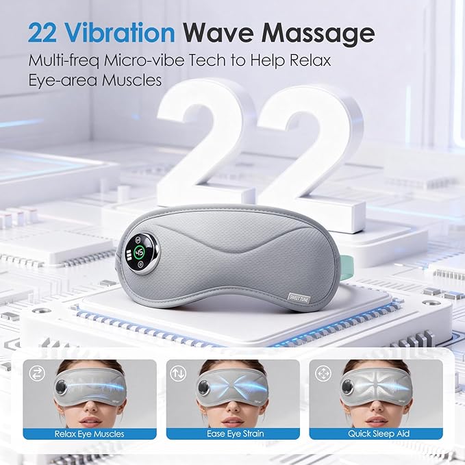 Heated Eye Mask with Massager, 3D Contoured Light-Blocking Sleep Mask for Dry Eyes, LED Display & 3-Level Heat/Vibration Modes,Gift for Men & Women, Ideal for Home, Office & Travel Use (Grey)