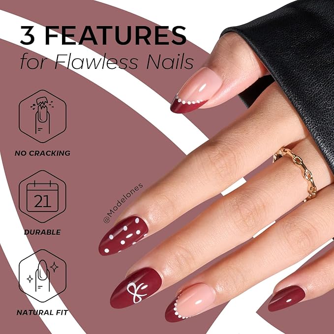 Modelones Red Press on Nails Almond, New Years Polka Dot Short Almond Fake Nails, Reusable Nail Kit with Nail Glue Adhesive Tabs Mini Nail File Nails Press Ons 32Pcs 16 Sizes, Women Girl Gift