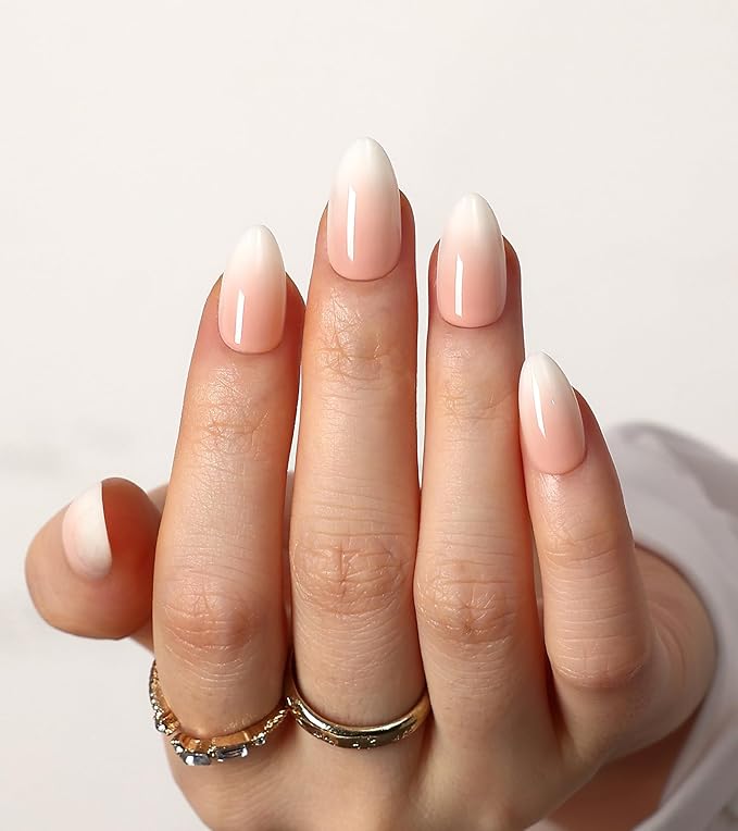 Morily 30Pcs Press on Nails Short Almond, Ombre Pink Fake Nails Acrylic False Nail Tips Reusable Full Cover Stick on Nails for Women - 15 Sizes