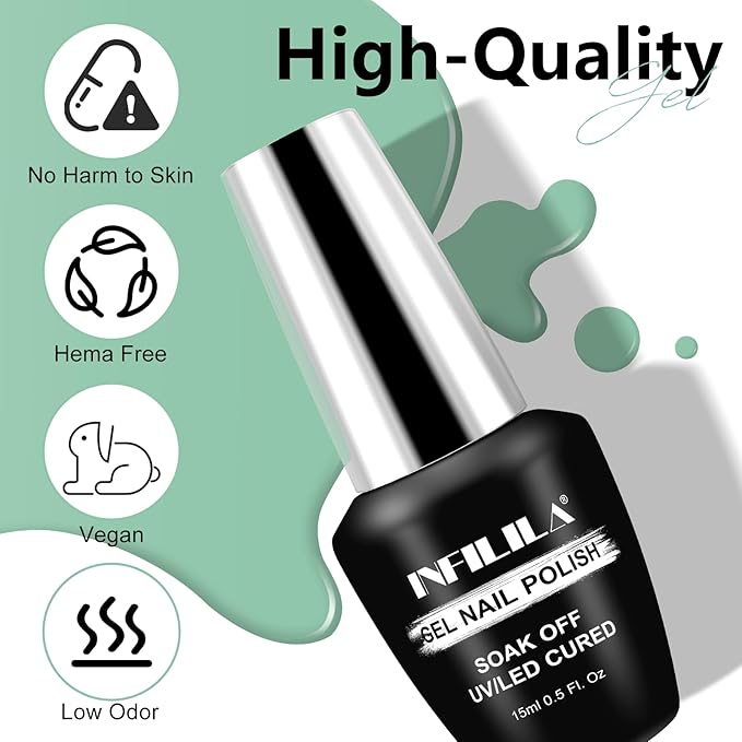 NXJ INFILILA Green Gel Nail Polish, 15ml 0.51oz Sage Light Pastel Green Gel Nail Polish One-Stroke Coloring, Hema Free Spring Color Soak Off UV Manicure DIY Gift for Women Girls SX0049