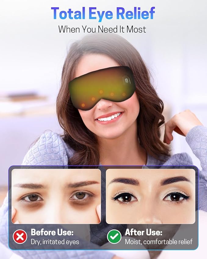 Heated Eye Mask for Dry Eyes, Stye Relief and Improved Sleep - Cordless Rechargeable Warm Compress with Graphene Heating, 3 Temp Settings, Auto Shut-Off, Washable Sleep Mask for Travel